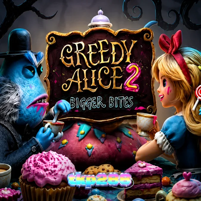 Tampilan visual slot Greedy Alice 2 Bigger Bites dengan elemen Wonderland yang gelap.