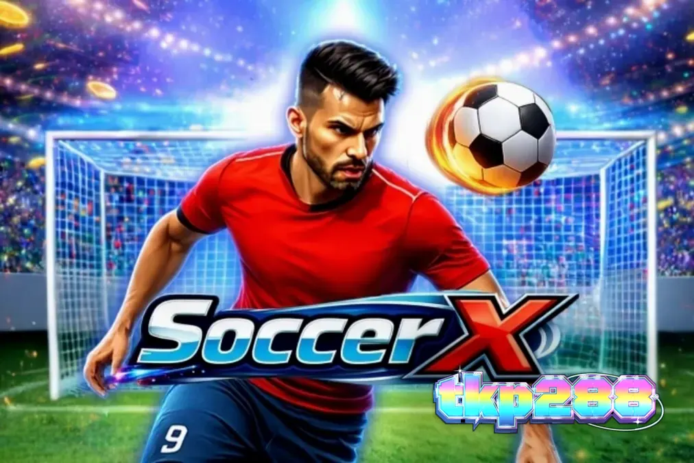 Tampilan visual permainan slot SoccerX dengan latar belakang stadion sepak bola yang megah.